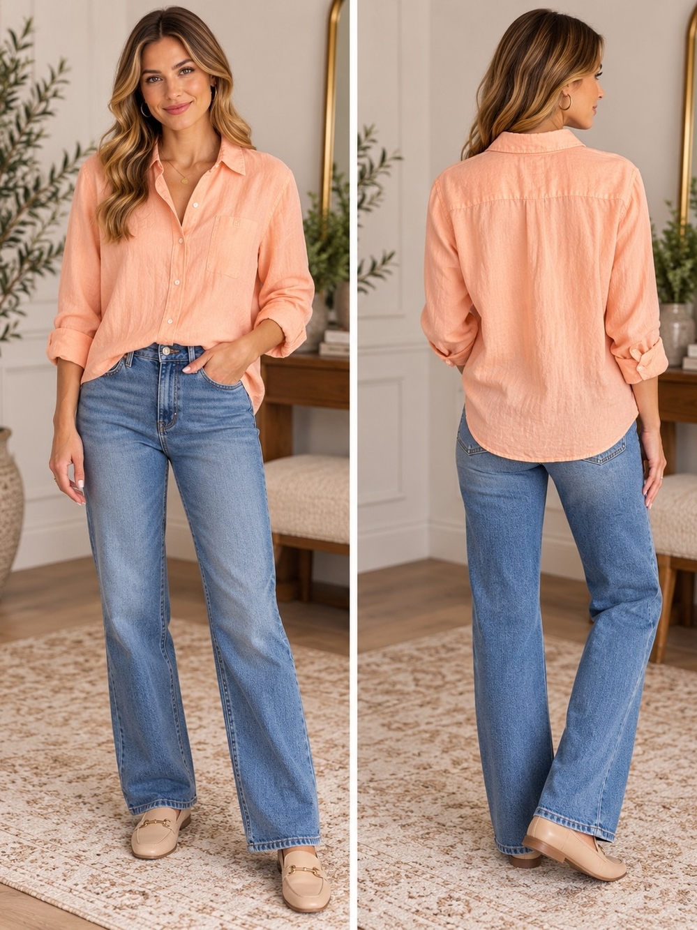 Chaps Women's XL Peach Linen Button Down Shirt Long Sleeve Coastal 100% Linen